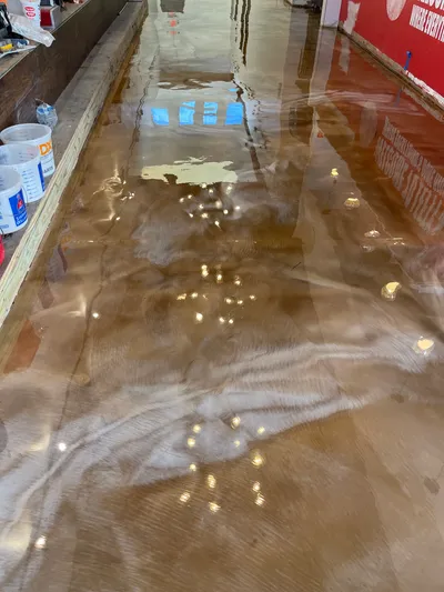 Metallic epoxy floor coating catching light in Michigan garage