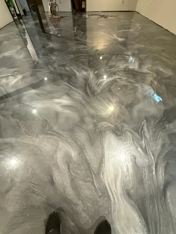 Hardcore Epoxy metallic pour in progress — Wayne County garage