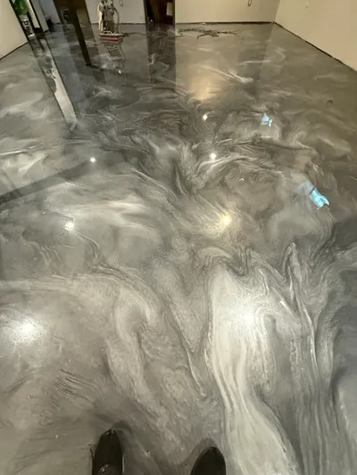 Hardcore Epoxy metallic pour in progress — Wayne County garage